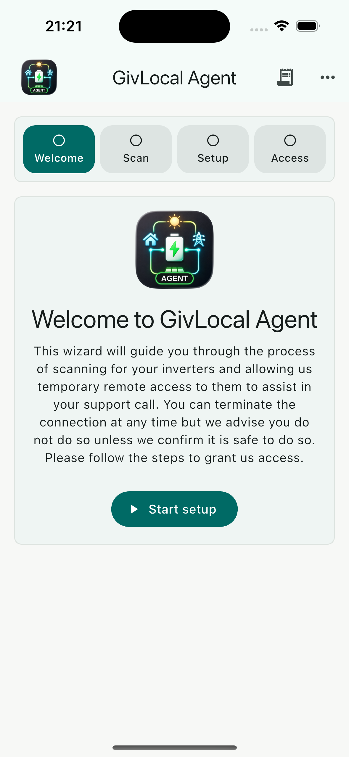 INVLocal Agent setup wizard on mobile