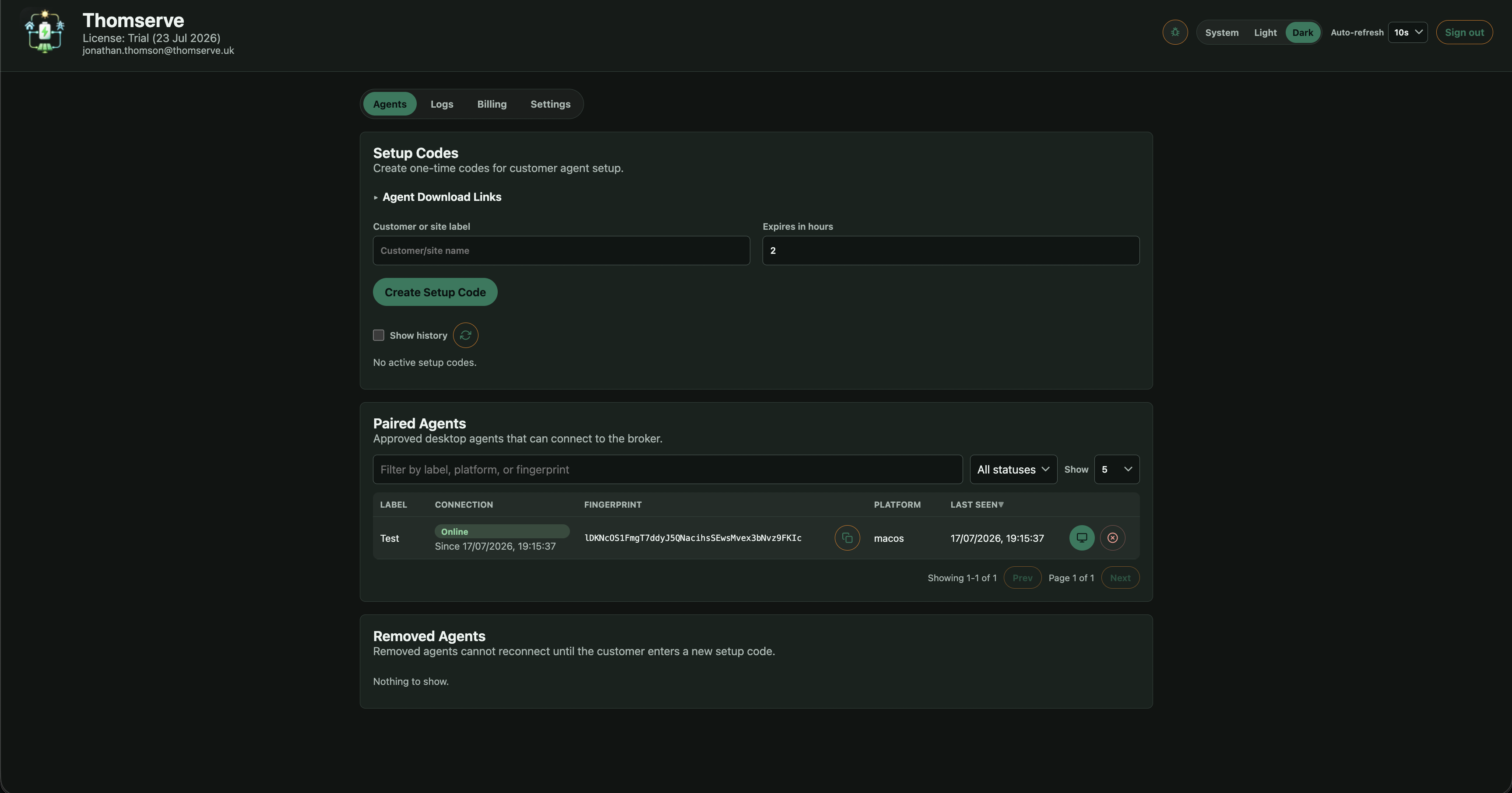 Paired agents and setup codes
