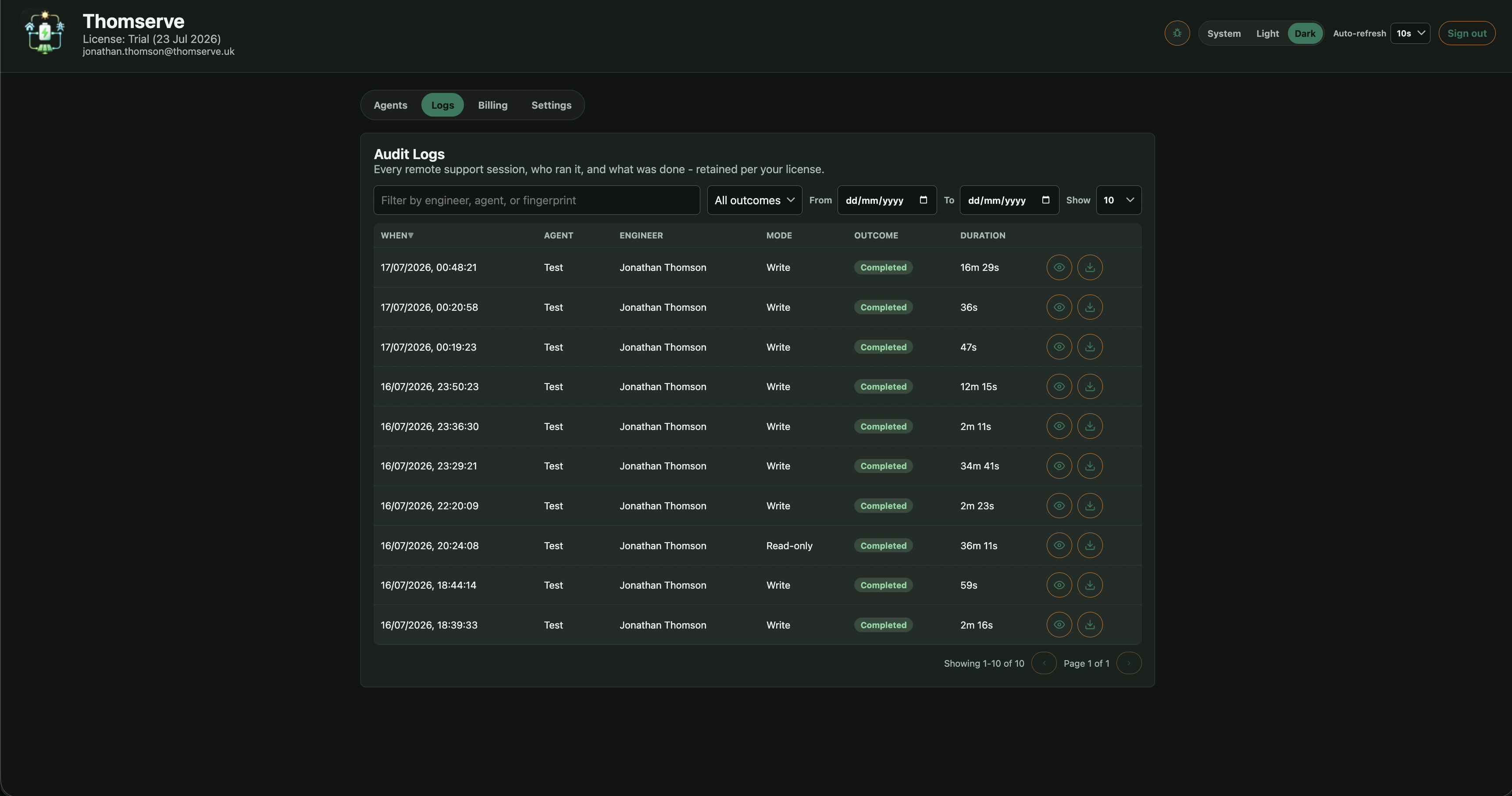 Remote support session audit logs