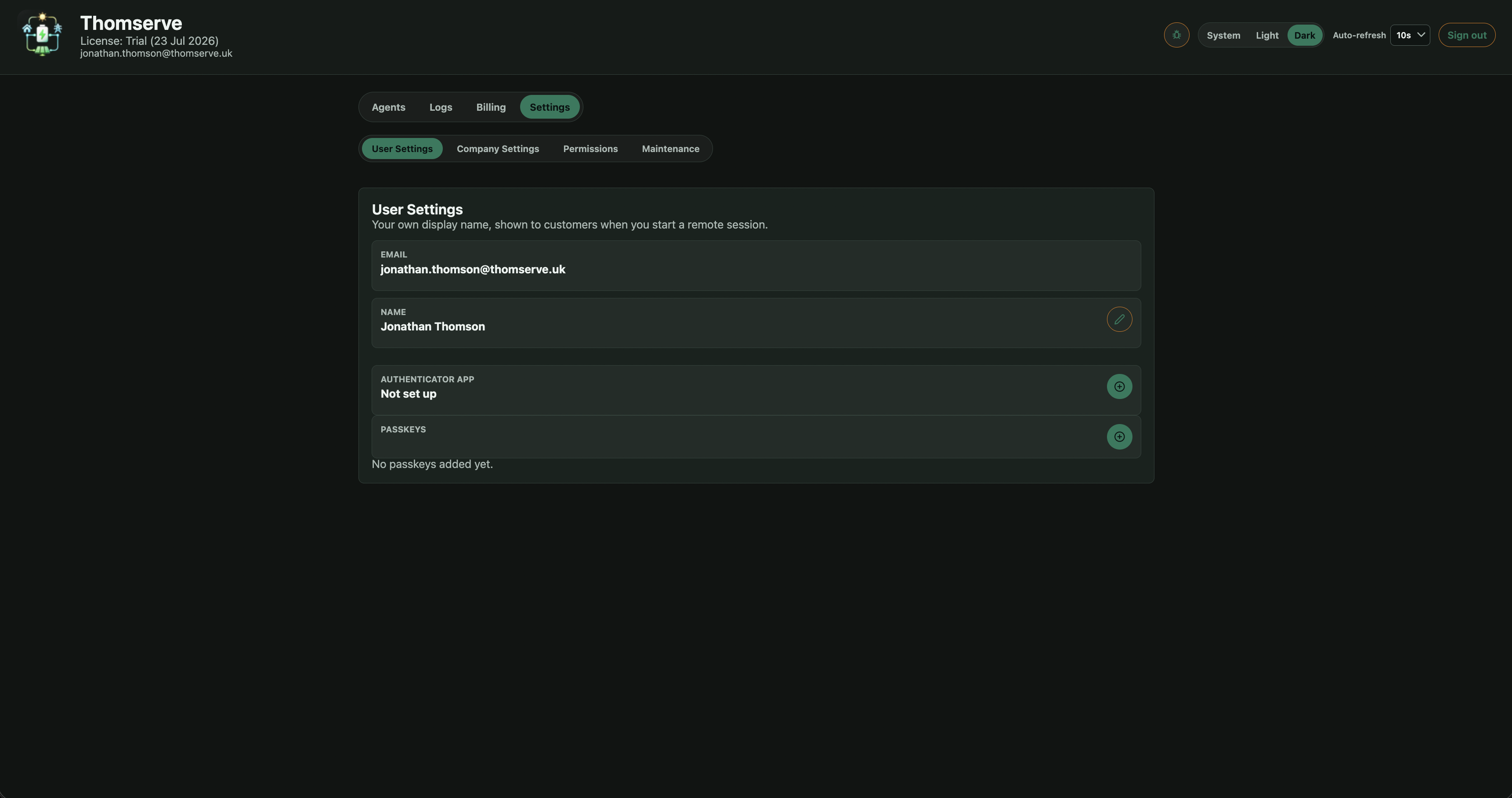 User settings